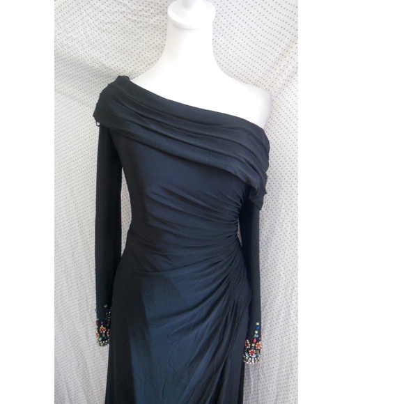 NEW Mac Duggal Black OFF THE SHOULDER Jersey JEWEL CUFFS Ruched HIGH SLIT GOWN 2 - Picture 5 of 14